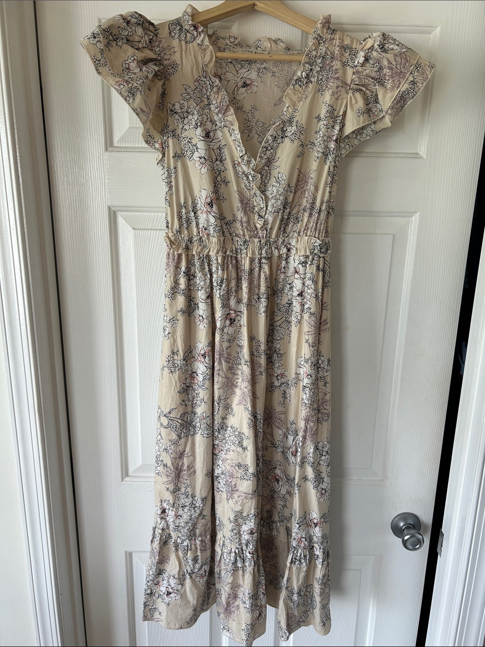 Moon River Beige Floral Wrap Midi Dress with Ruffle Sleeves